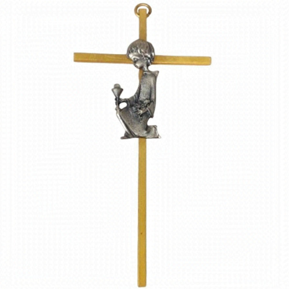 VintageΒ Brass Cross Kneeling Pewter Boy Holding Chalice & Eucharist Religious